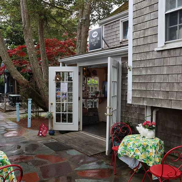 Welcoming entrance to Snowy Owl's cozy espresso bar in Chatham, featuring charming cedar shingles, vibrant red maple trees, and inviting outdoor seating perfect for enjoying freshly brewed specialty coffee.
