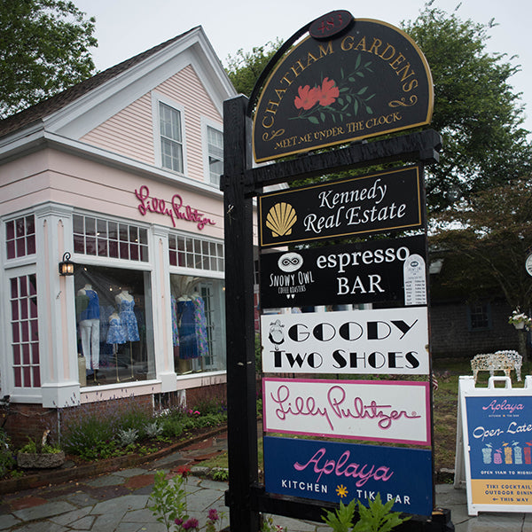 A charming Snowy Owl Espresso Bar sign nestled among local businesses in a historic Chatham shopping plaza, featuring a specialty coffee destination within a classic New England pink clapboard building.