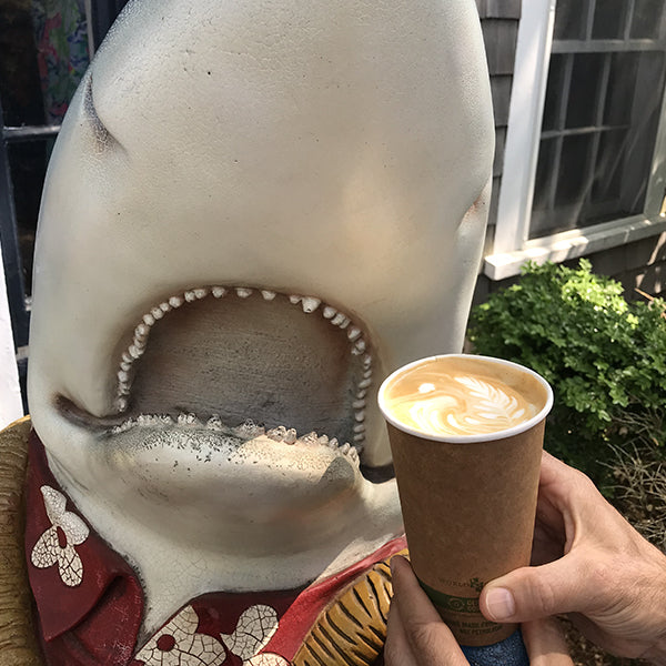 Hand-crafted latte with intricate latte art served in an eco-friendly cup at Snowy Owl Coffee, showcasing our artisanal espresso drinks alongside unique coastal-themed outdoor decor.