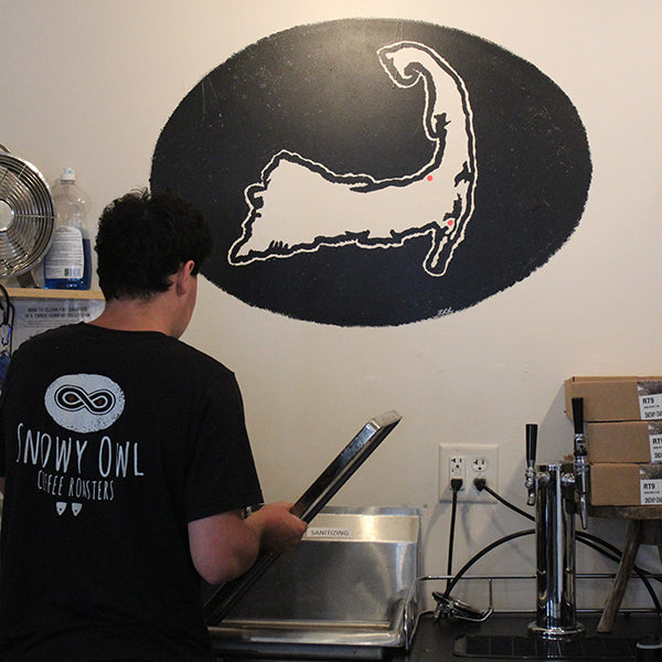 Skilled barista in Snowy Owl gear crafting artisanal espresso drinks beneath iconic Cape Cod wall art, showcasing our dedication to premium coffee service and local heritage.