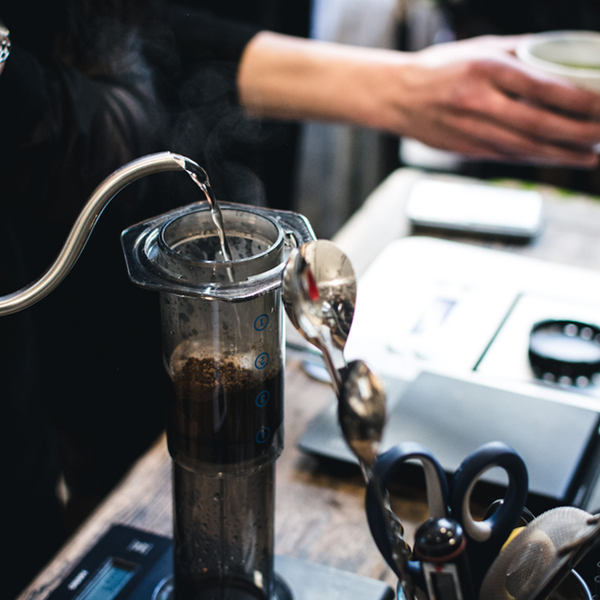 Skilled barista crafting a perfect Aeropress coffee using freshly ground specialty beans at Snowy Owl Coffee Roasters, showcasing our artisanal brewing process and dedication to quality coffee.