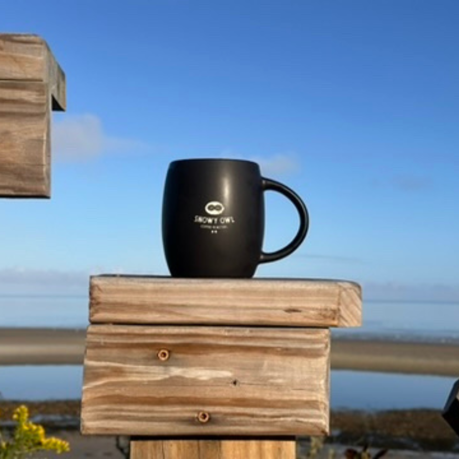 Black Snowy Owl Coffee Mug with Etched logo and Top Coaster