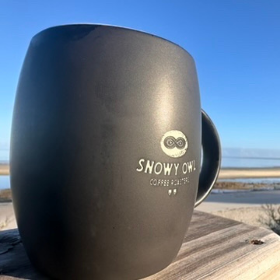 Black Snowy Owl Coffee Mug with Etched logo and Top Coaster