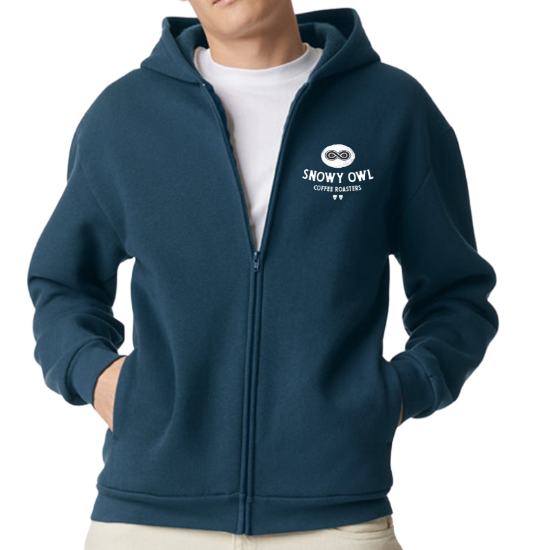 Blue Zip Up Logo Hoodie – Snowy Owl Coffee Roasters