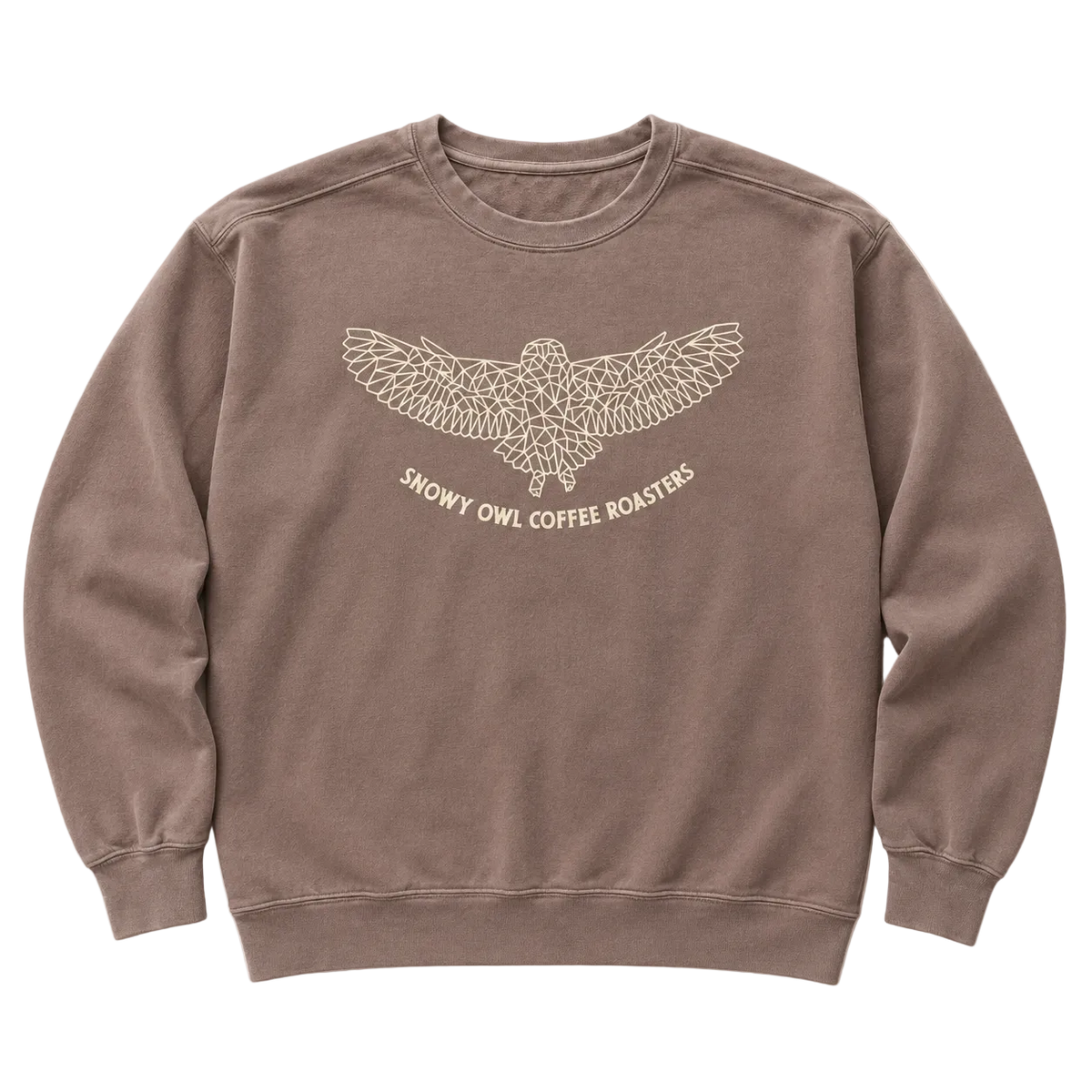 A brown crewneck sweatshirt featuring a white geometric line art graphic of a snowy owl and the text 'SNOWY OWL COFFEE ROASTERS' printed on the chest, displayed flat against a light cream background.