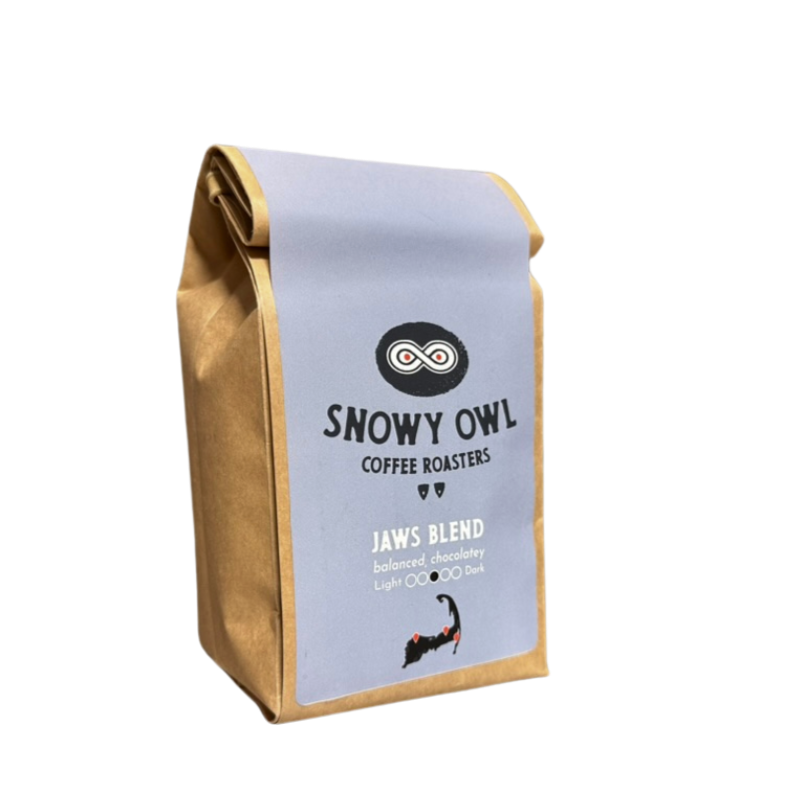 Jaws Blend coffee beans in 10oz. ($14.00), 2lb ($44.00) and 5lb ($108.00) sized bags from Snowy Owl Coffee Roasters on Cape Cod.