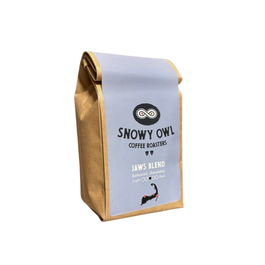 Jaws Blend coffee beans in 10oz. ($14.00), 2lb ($44.00) and 5lb ($108.00) sized bags from Snowy Owl Coffee Roasters on Cape Cod.