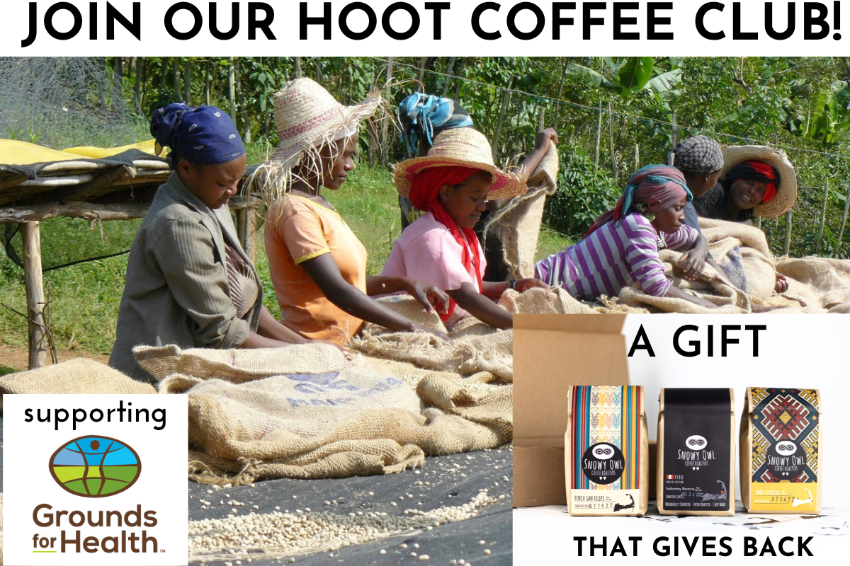 Hoot Coffee Club membership delivers premium single-origin coffee beans monthly while supporting ethical coffee farming through Grounds for Health, showcasing our commitment to sustainable coffee sourcing and community impact.