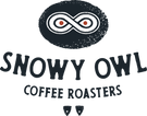 A black and white artisanal coffee roaster logo featuring an infinity symbol with red eyes within an oval shape, paired with bold text reading Snowy Owl Coffee Roasters, representing premium craft coffee roasting on Cape Cod.